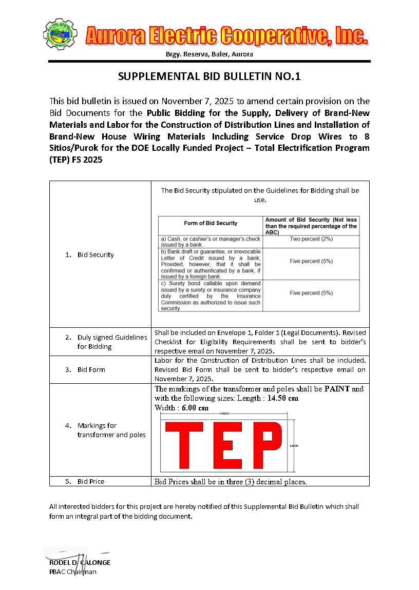 Supplemental Bulletin No. 1